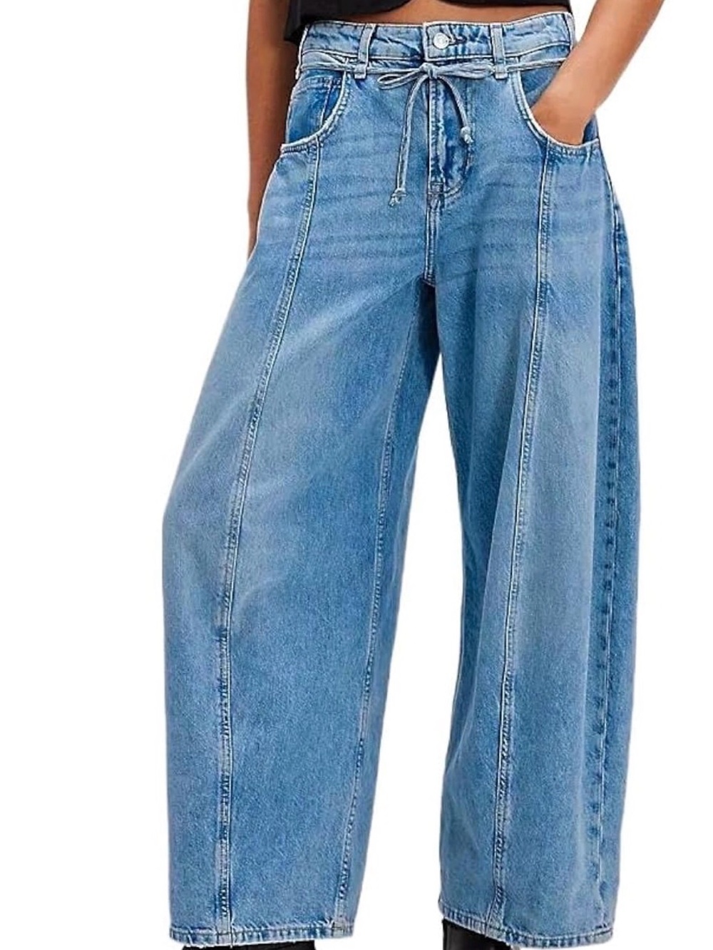 Wide Leg Barrel Light Blue Women's Jeans with Drawstring Waist